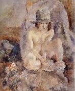 Jules Pascin Nude female wearing green hat oil painting